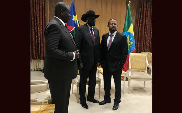  South Sudan President Salva Kiir and his arch-foe Riek Machar in Addis Ababa for a working visit on 20 June 2018 ahead of talks. Picture: AFP