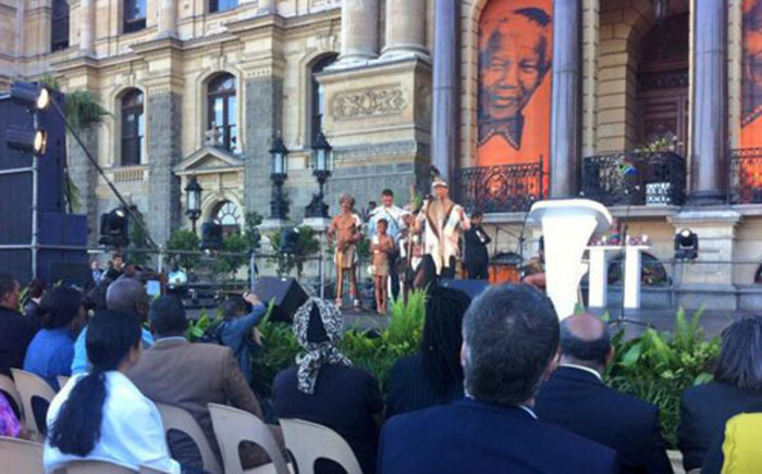The Khoisan leadership on stage during the interfaith service at the Grand Parade in Cape Town. Picture: Siyabonga Sesant/EWN.