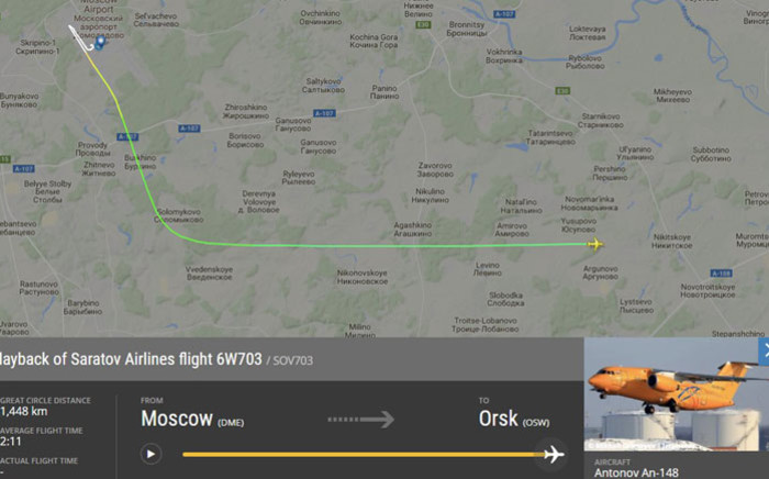The flight path of the crashed Saratov Airlines flight. Picture: @flightradar24/Twitter
