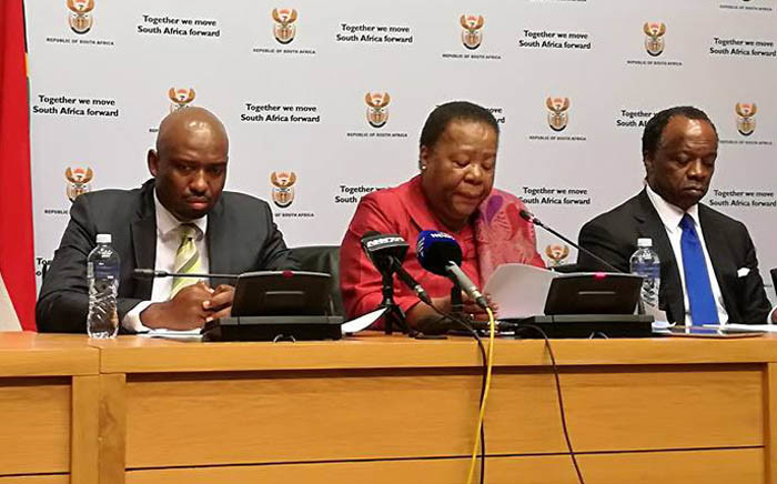 Higher Education and Training Minister Naledi Pandor, Deputy Minister Buti Manamela and Nsafs chairperson Sizwe Nxasana briefing media in Cape Town on the progress made in implementing free higher education. Picture: @SAgovnews/Twitter