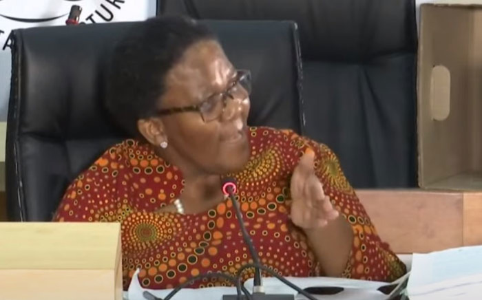A screengrab of former Transport Minister Dipuo Peters appearing at the state capture inquiry on 17 March 2021. Picture: SABC/YouTube