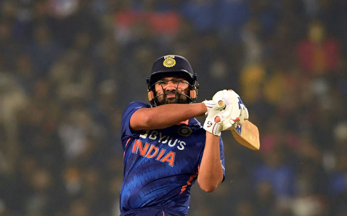 India's captain Rohit Sharma watches the ball after playing a shot during the second Twenty20 international cricket match between India and New Zealand at the Jharkhand State Cricket Association Stadium in Ranchi on 19 November 2021. Picture: Dibyangshu SARKAR/AFP