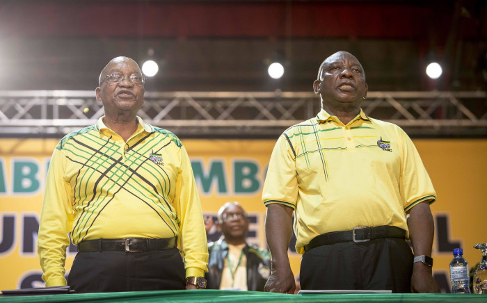 FILE: Jacob Zuma and Cyril Ramaphosa sing the national anthem at the ANC's 54th national conference on 16 December 2017. Picture: Thomas Holder/EWN. 
