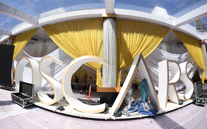 Preparations for the 94th Oscars red carpet arrivals area continue along Hollywood Boulevard in Hollywood on 24 March 2022.