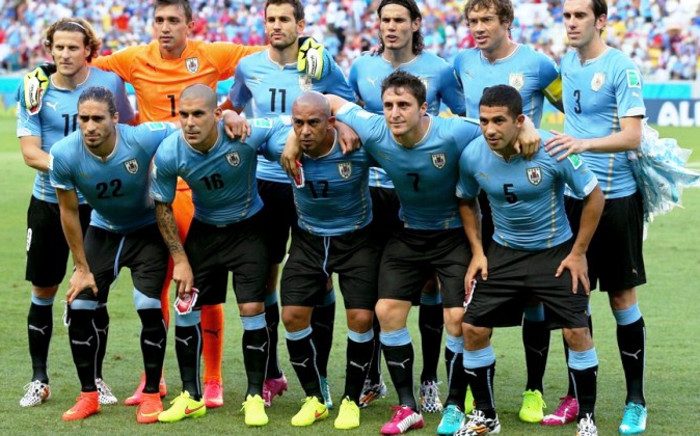 Uruguay’s players, notably lacking Luis Suarez, line up prior to their Group D World Cup match against Costa Rica at Estadio Castelao, Fortaleza, Brazil, 14 June 2014 in Fortaleza, Brazil. Picture: Fifa. 