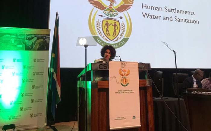 Human Settlements, Water and Sanitation Minister Lindiwe Sisulu at the launch of her department’s master plan aimed at addressing South Africa’s water crisis on 28 November 2019 at the CSIR International Convention Centre in Tshwane. Picture: @NLinSouthAfrica/Twitter 








