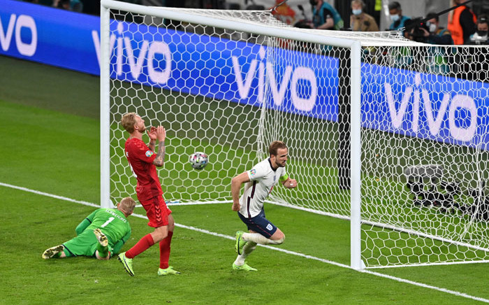 England's Harry Kane celebrates scoring against Denmark in their Euro 2020 semifinal match on 7 July 20221. Picture: @EURO2020/Twitter