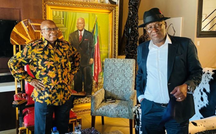 Former President Jacob Zuma hosts Police Minister Bheki Cele at his Nkandla homestead on 18 February 2021. Picture: Twitter/@DZumaSambudla