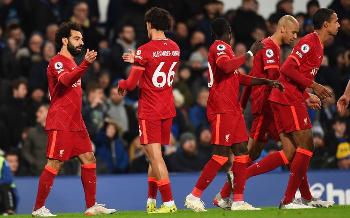 Liverpool's Mohamed Salah (left) celebrates a goal with teammates during the English Premier League match against Everton at Goodison Park in Liverpool on 1 December 2021. Picture: @LFC/Twitter
