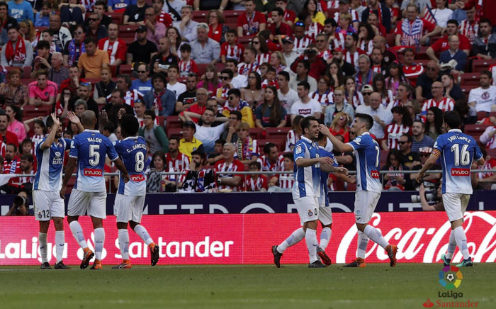 Espanyol players celebrate beating Atletico Madrid during their La Liga game on 6 May. Picture: @RCDEspanyol/Twitter.