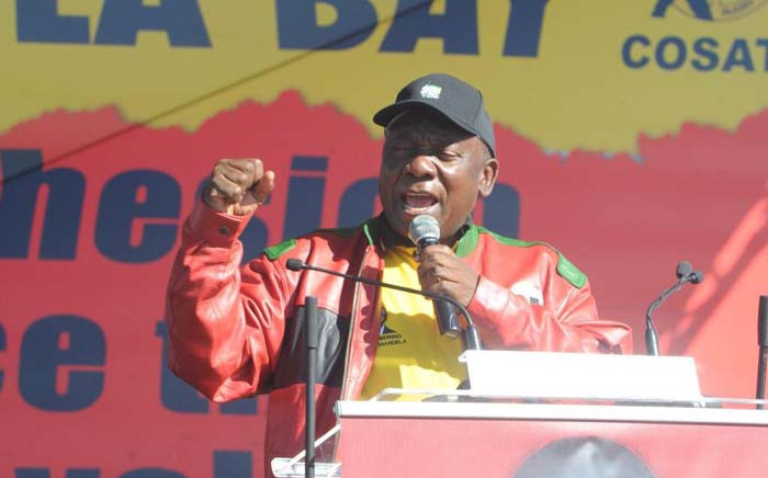 FILE: ANC president Cyril Ramaphosa addressing thousands of people at Cosatu’s main Workers Day Rally in Port Elizabeth. Picture: @MYANC/Twitter