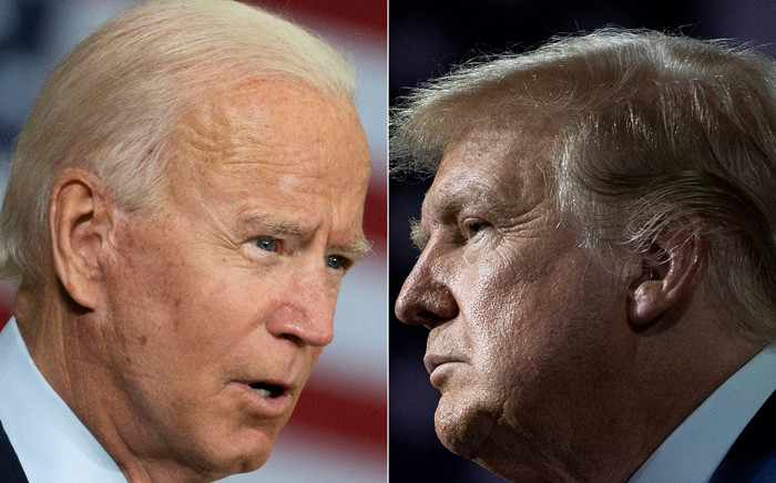 This combination of file pictures created on 28 September 2020 shows Democratic presidential candidate Joe Biden(L) speaking in Tampa, Florida, on 15 September 2020 and US President Donald Trump speaking during an event for black supporters at the Cobb Galleria Centre on 25 September 2020, in Atlanta, Georgia. Picture: AFP
