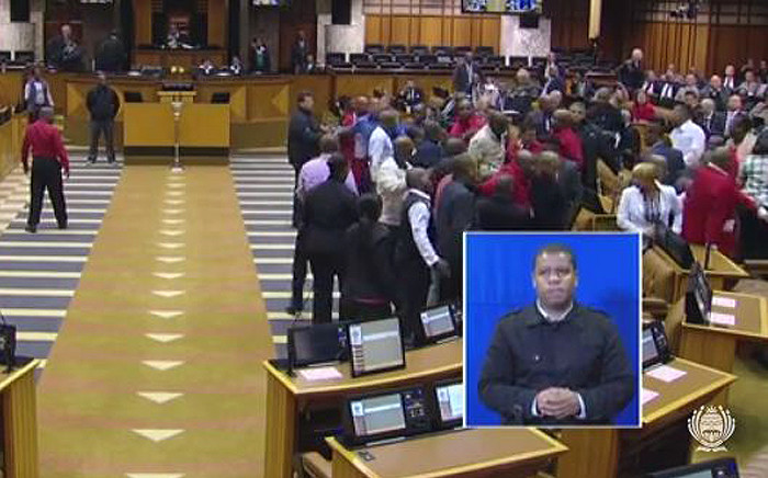 FILE: A screengrab of members of parliamentary protection services removing EFF leader Julius Malema from the National Assembly on 9 September 2015 after he refused to withdraw his comment that deputy president Cyril Ramaphosa was a murderer.