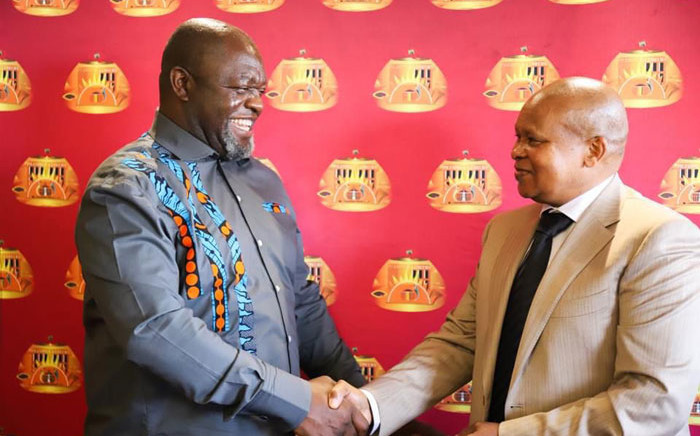 North West IPC coordinator Hlomani Chauke (Left) with Bushy Maape (right) during the swearing-in ceremony on 1 September 2021. Picture: North West Legislature/Facebook