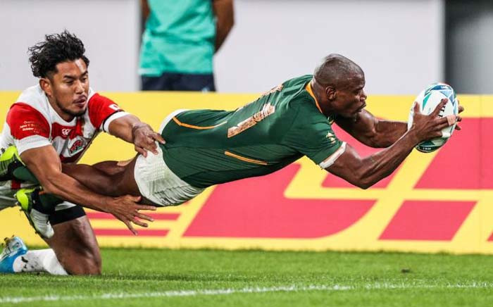 Springbok wing Makazole Mapimpi scores a try in the Rugby World Cup quarterfinal match against Japan on 20 October 2019. Picture: @Springboks/Twitter