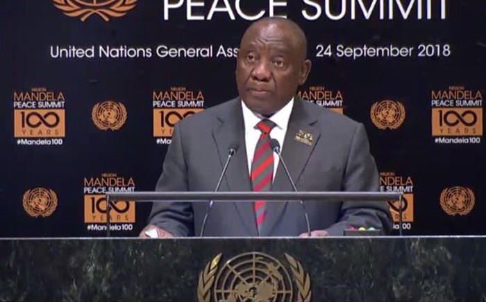 President Cyril Ramaphosa addresses the UN General Assembly on 24 September 2018 during the Nelson Mandela Peace Summit in New York. Picture: @PresidencyZA/Twitter