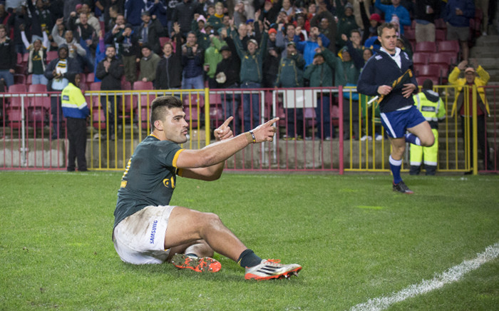 Damian de Allende celebrates after scoring a try against the World VX at Newlands on 11 July 2015. Picture: Aletta Gardner/EWN