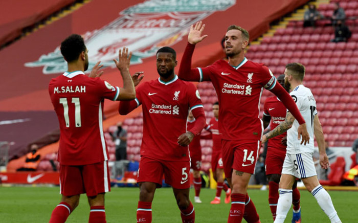 Liverpool players celebrate a goal against Leeds United during their English Premier League match on 12 September 2020 at Anfield in Liverpool, England. Picture: @LFC/Twitter
