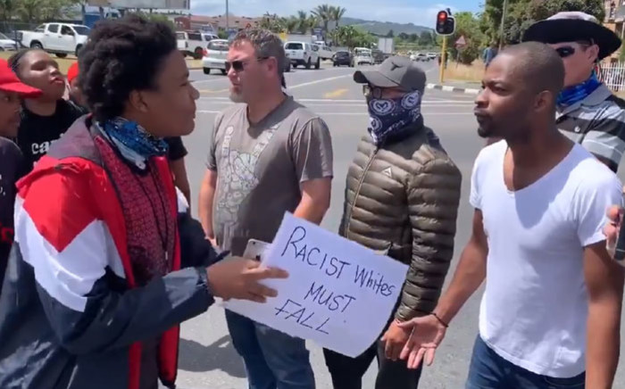 A screengrab of EFF protesters confronting members of the public outside the Brackenfell High School in Cape Town on 9 November 2020. Picture: @FloydShivambu/Twitter