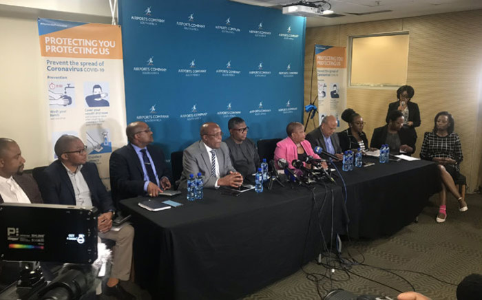 Ministers Fikile Mbalula, Pravin Gordhan and Aaron Motsoaledi and their deputies, DGs and ACSA staff and CAA at a briefing on the coronavirus measures being taken in the transport sector on 17 March 2020. Picture: Bonga Dlulane/EWN