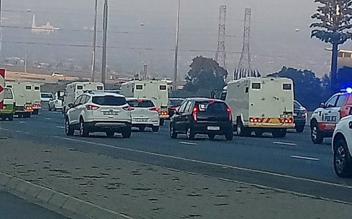 Cash-in-transit vans drive in convoy during their go slow in Johannesburg on 12 June 2018. Picture: @Tlixxy/Twitter via @EWNTraffic
