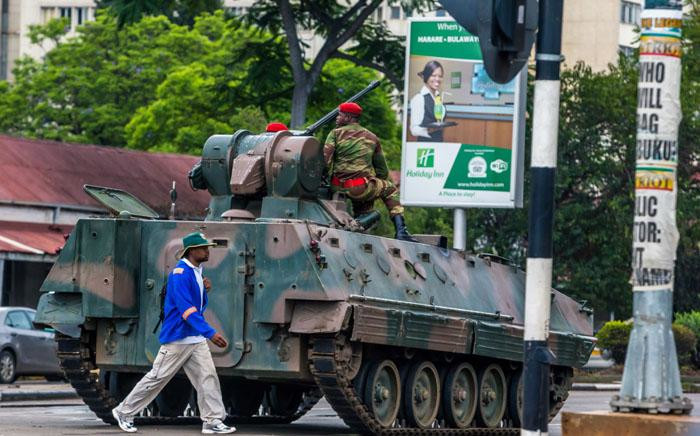 An armoured personnel carrier stationed at an intersection in Harare in Zimbabwe on 15 November 2017. Picture: AFP