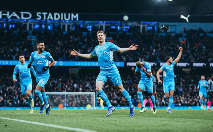Manchester City's Kevin De Bruyne (centre) celebrates his goal against Leicester City in their English Premier League match on 26 December 2021. Picture: @ManCity/Twitter