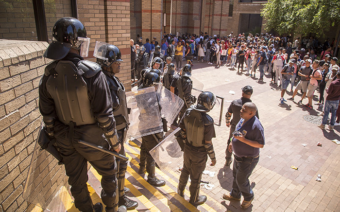 Private security was called in to assist at the University of the Western Cape on Monday 22 February 2016 when protesting cleaners attempted to start a fire. Picture: Aletta Harrison/EWN