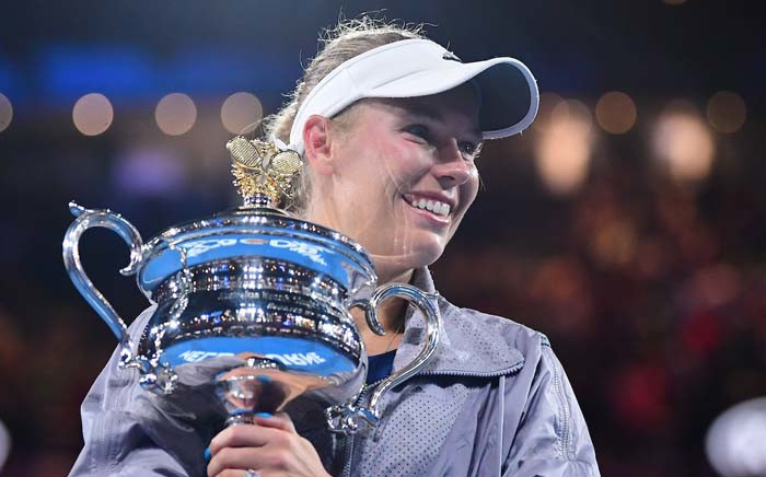 Caroline Wozniacki with the trophy after winning the Australian Open final against Simona Halep. Picture: @AustralianOpen/Twitter.