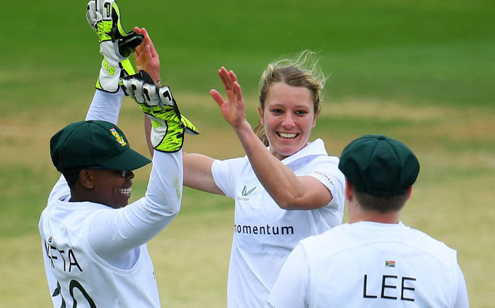 South Africa's Anneke Bosch (centre) celebrates a wicket with teammates during day two of the one-off Test match against England on 28 June 2022. Picture: @OfficialCSA/Twitter