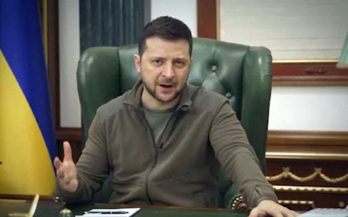 This handout video grab taken and released by the Ukraine Presidency press service on 12 March 202,2 shows Ukrainian President Volodymyr Zelensky speaking in the capital of Kyiv. Picture: Handout/UKRAINE PRESIDENCY/AFP