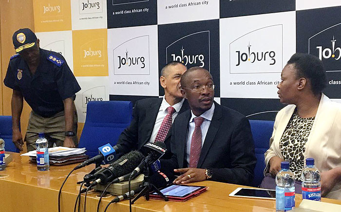 City of Johannesburg Mayor Parks Tau with other senior CoJ officials during a media briefing on 29 March 2016. Picture: Masego Rahlaga/EWN.