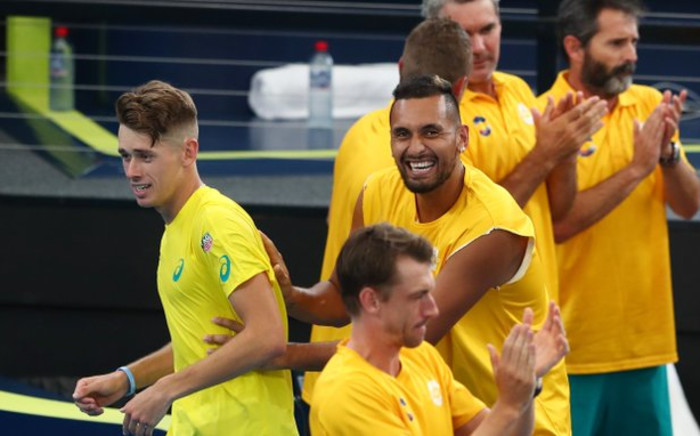 Australian duo Nick Kyrgios and Alex de Minaur celebrate their victory over England in the ATP Cup on 9 January 2020. Picture: @atptour/Twitter