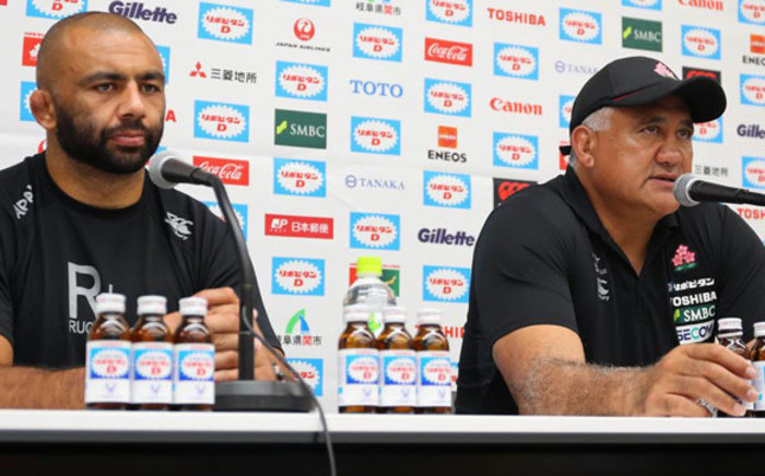 Japan captain Michael Leitch (left) and coach Jamie Joseph at a press conference. Picture: @JRFURugby/Twitter