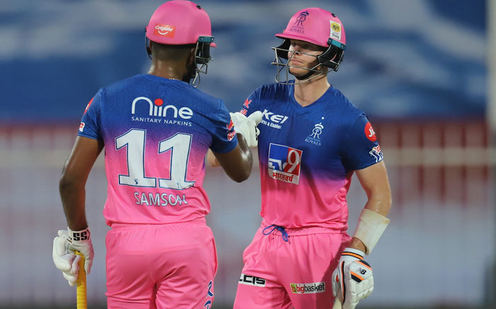Sanju Samson and Steve Smith of the Rajasthan Royal put on a key 121-run second-wicket partnership to help the side a 16-run win over Chennai Super Kings in their Indian Premier League match on 22 September 2020. Picture: @IPL/Twitter
