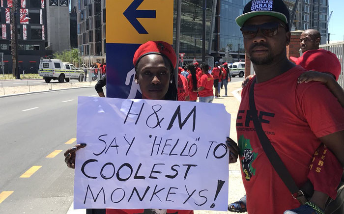 A number of EFF supporters protested at the V&A Waterfront’s H&M store saying the retail giant’s latest ad portraying a black boy wearing a sweater with the word 'coolest monkey in the jungle' goes against transformation efforts in the country. Picture: Kevin Brandt/EWN