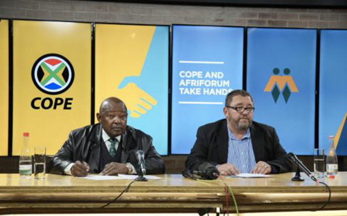 Cope leader Mosiuoa Lekota (right) and AfriForum’s Kallie Kriel at a press conference in Pretoria. Picture: Afriforum.co.za