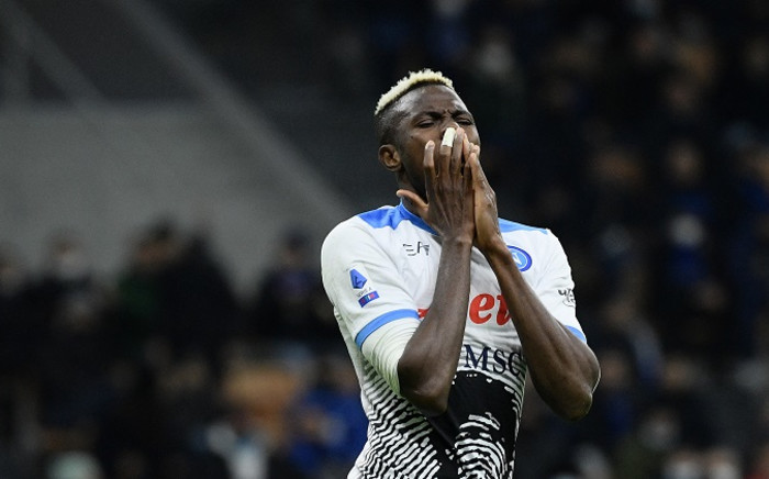 Napoli's Nigerian forward Victor Osimhen reacts during the Italian Serie A football match between Inter and Napoli, at the San Siro Stadium in Milan, on November 21, 2021. Picture: Filippo Monteforte / AFP.
