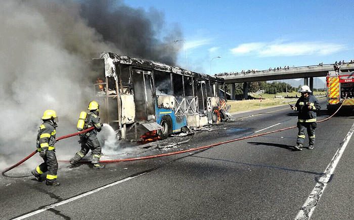  A MyCiTi bus was torched on the N2 highway on 18 September 2017 during a taxi strike in Cape Town. Picture: Supplied.