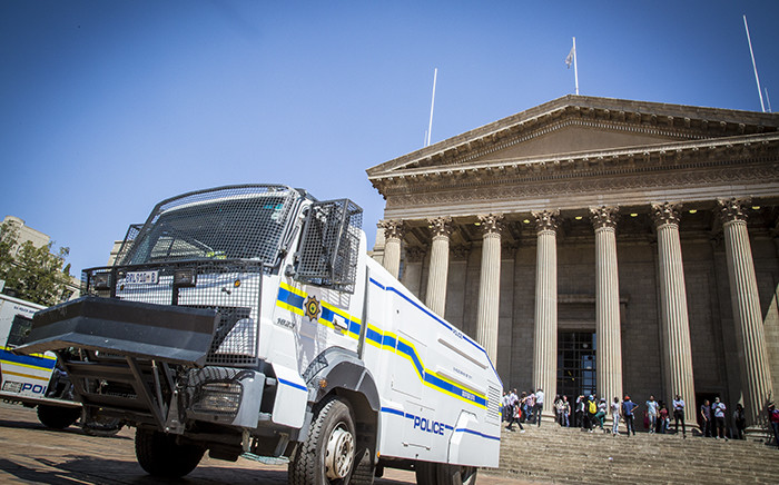 A police water cannon stands in front of the Great Hall on Wits University's main campus during student protests over tertiary education fees on 11 October 2016. Picture: Reinart Toerien/EWN.