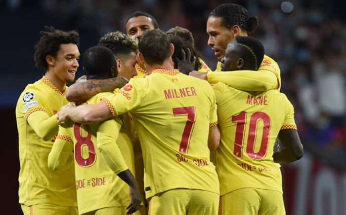 Liverpool players celebrate a goal in their Uefa Champions League match against Atletico Madrid at the Wanda Metropolitano Stadium in Madrid on 19 October 2021. Picture: @LFC/Twitter