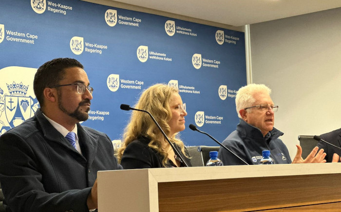 Western Cape Premier Alan Winde (right), Finance MEC Mireille Wenger (centre) and Infrastructure MEC Tertuis Simmers (left) launched the province's growth for jobs strategy in Cape Town on 24 July 2023. Picture: @alanwinde/Twitter