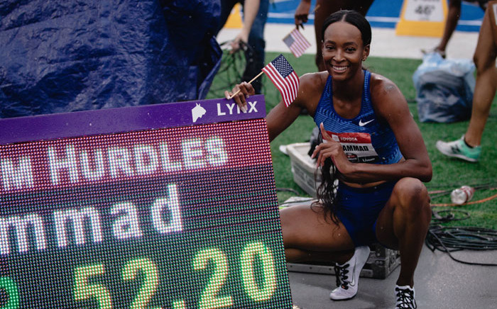 US athlete Dalilah Muhammad celebrates her world record in the women's 400m hurdles on 28 July 2019 at Des Moines. Picture: @usatf/Twitter