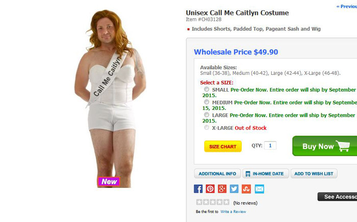 A screenshot showing the Caitlyn Jenner costume for Halloween which has sparked a social media firestorm. Picture: WholesaleHalloweenCostumes.com