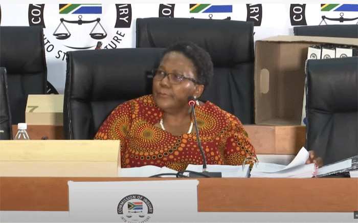 A screengrab of former Transport Minister Dipuo Peters appearing at the state capture inquiry on 17 March 2021. Picture: SABC/YouTube.