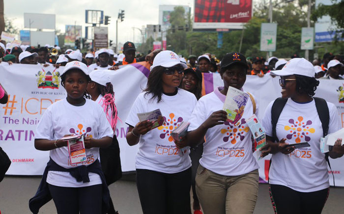FILE: Volunteers at the International Conference on Population and Development march through Nairobi on 11 November 2019 ahead of the opening of the summit on 12 November 2019. Picture: @NairobiSummit/Twitter