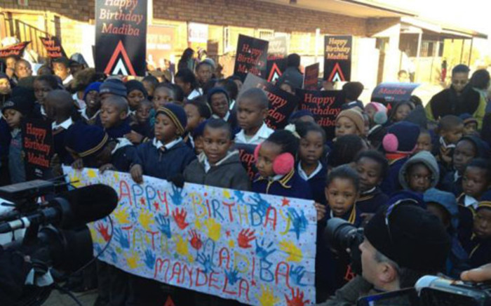 Children at the Batsogile Primary School in Soweto, preparing to sing happy birthday to Nelson Mandela on 18 July, 2012. Picture: @talkradio702 via Twitter."