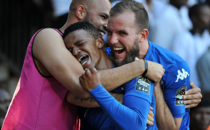 SuperSport United striker Jeremy Brockie (right) celebrates a goal with his teammates. Picture: @SuperSportFC/Twitter