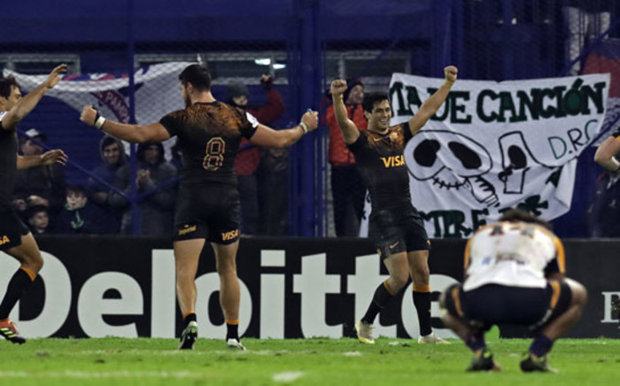 Argentina's Jaguares players celebrate after defeating Australia's Brumbies by 39-7 during their Super Rugby semifinal match at Jose Amalfitani stadium in Buenos Aires, on 28 June 2019. Picture: AFP