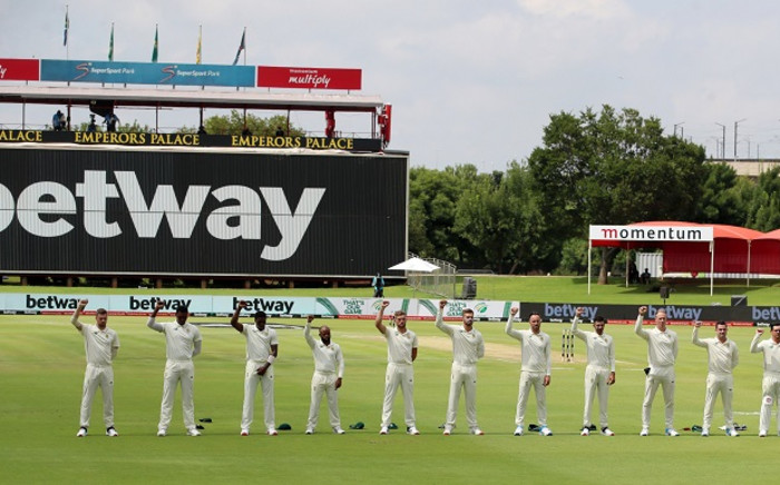 South African players, the Proteas, raised their fists in an anti-racism gesture at the start of their two-Test series against Sri Lanka at SuperSport Park in Centurion, in support of the Black Lives Matter movement. Picture: @OfficialCSA/Twitter 